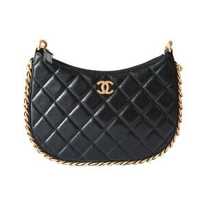 Chanel Quilted Lambskin Round Hobo Shoulder Bag Gold Hardware Black